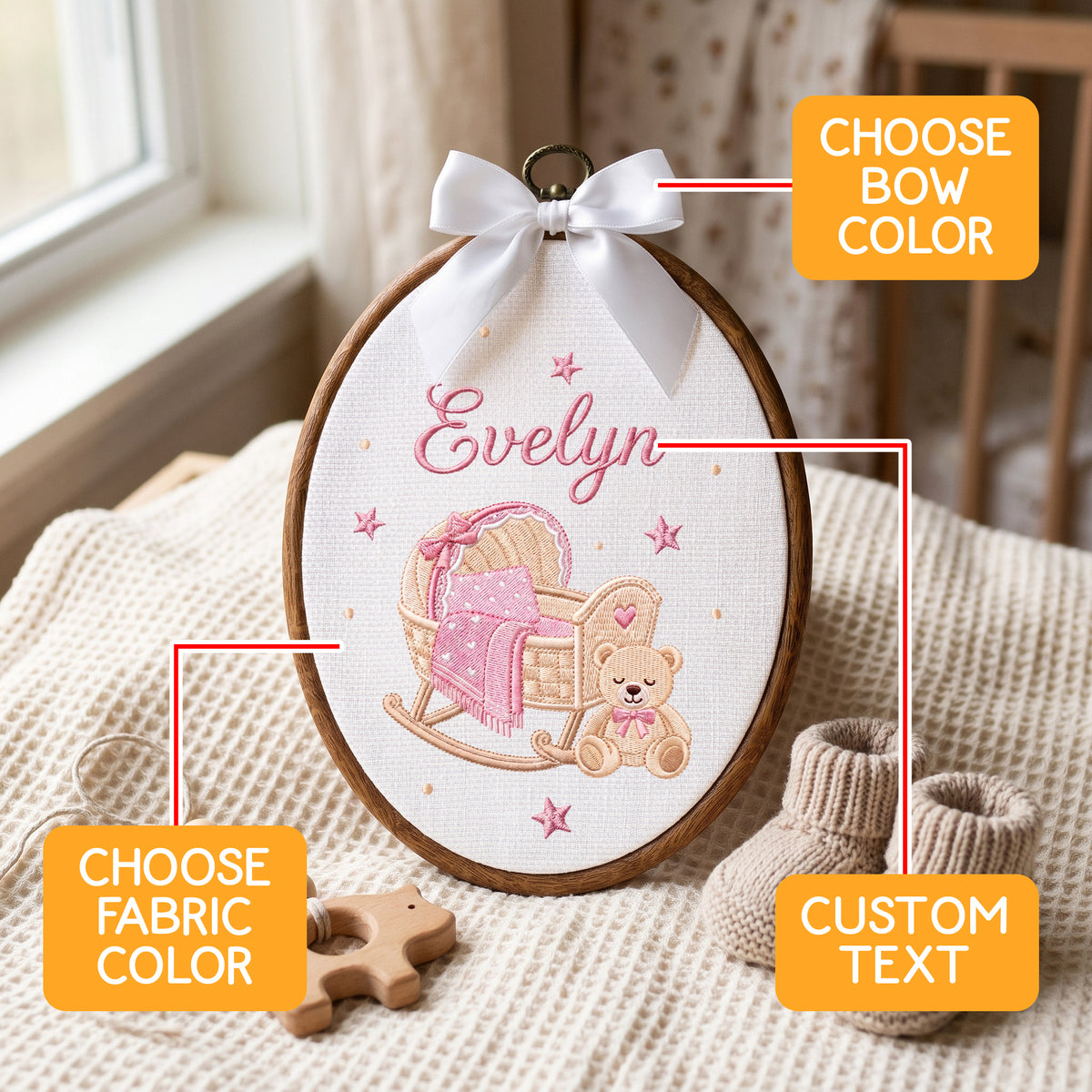 Personalized Baby Name Rocking Cradle Teddy Bear Embroidery Hoop Art Nursery Keepsake