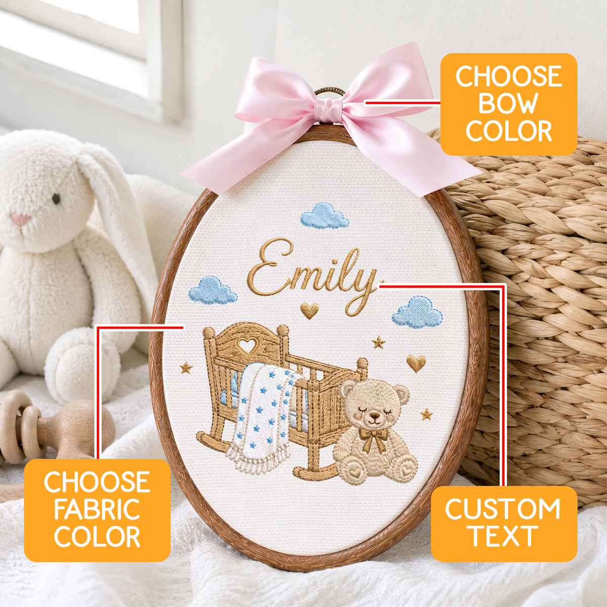 Personalized Baby Name Rocking Cradle Teddy Bear Stars Embroidery Hoop Art Keepsake