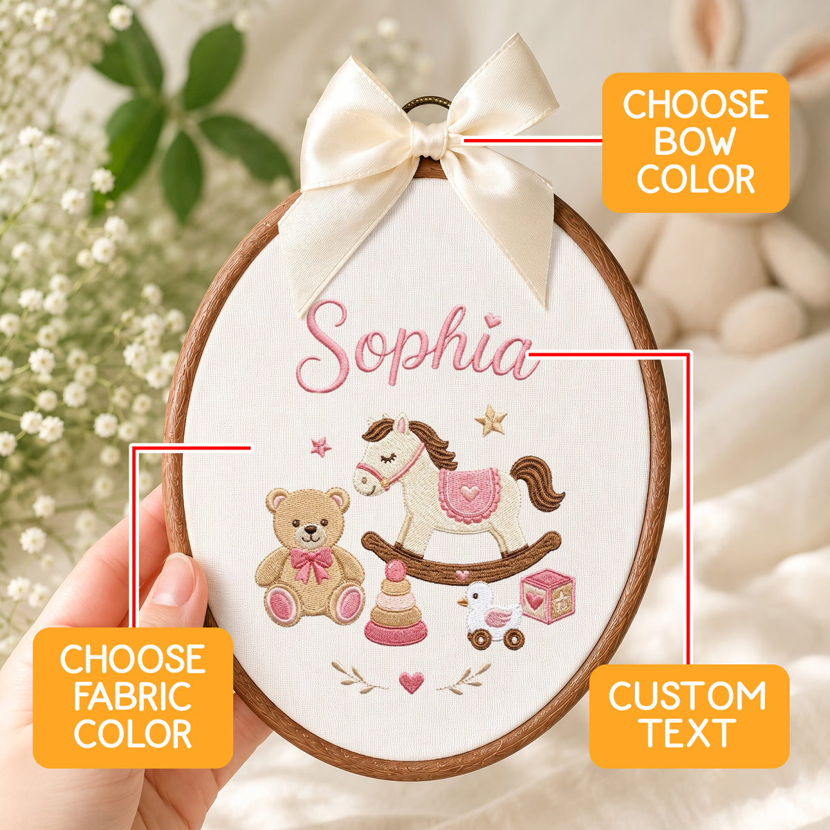 Personalized Baby Name Rocking Horse Teddy Bear Toys Embroidery Hoop Art Keepsake