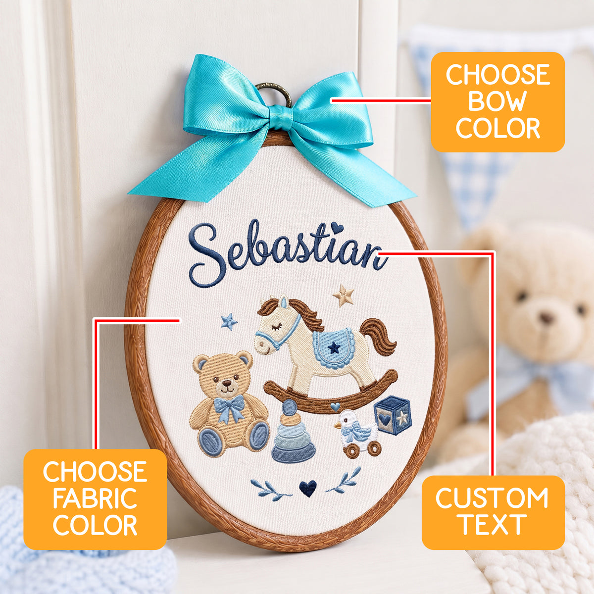 Custom Baby Name Rocking Horse Teddy Bear Toys Embroidery Hoop Art Nursery Keepsake