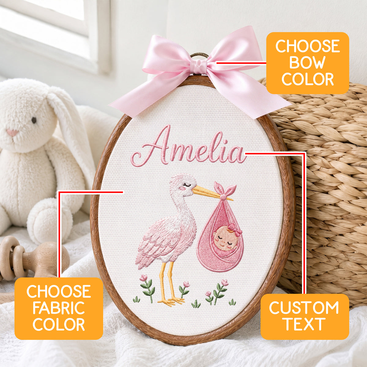 Custom Baby Name Stork Bird Bundle Embroidery Hoop Art Custom Nursery Decor Keepsake