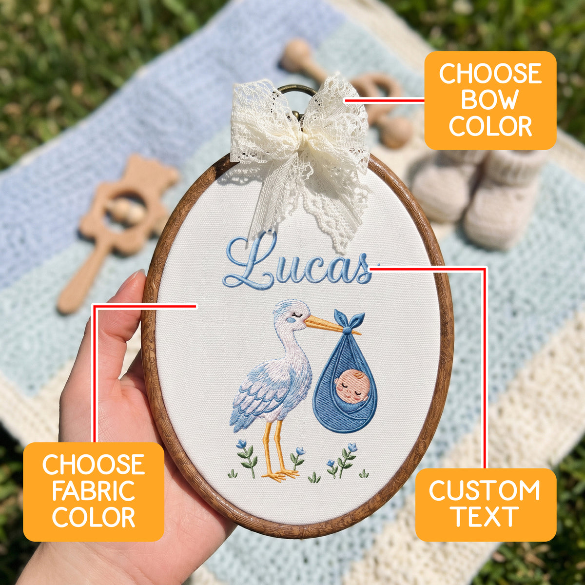 Handmade Baby Name Stork Bird Bundle Embroidery Hoop Art Custom Nursery Decor Keepsake