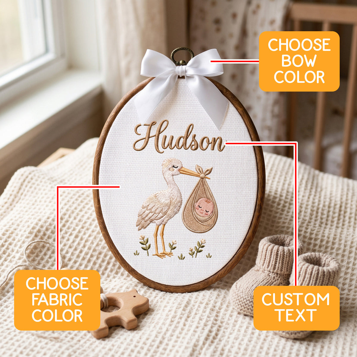 Neutral Beige Stork Bird Bundle Embroidery Hoop Art Custom Nursery Decor Keepsake