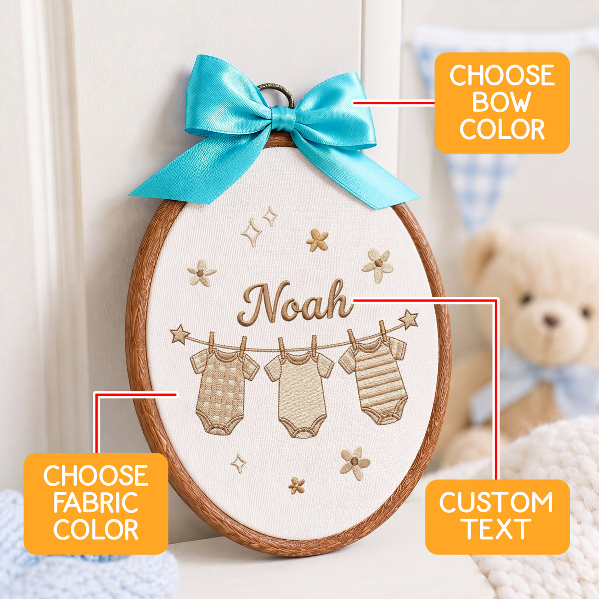 Custom Baby Name Hanging Onesies Clothesline Embroidery Hoop Art Nursery Keepsake