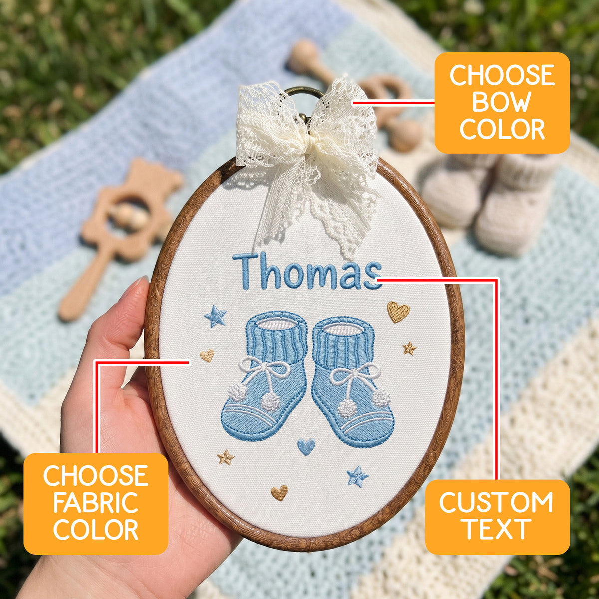 Personalized Baby Name Knitted Booties Embroidery Hoop Art Custom Nursery Keepsake