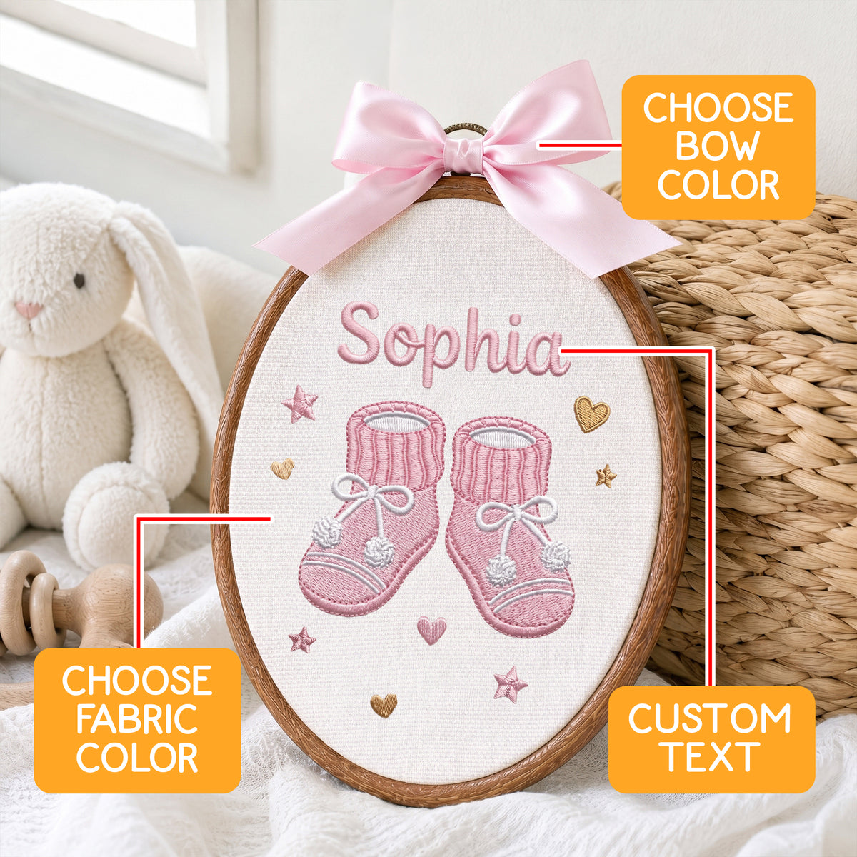Handmade Baby Name Knitted Booties Embroidery Hoop Art Custom Nursery Decor Keepsake