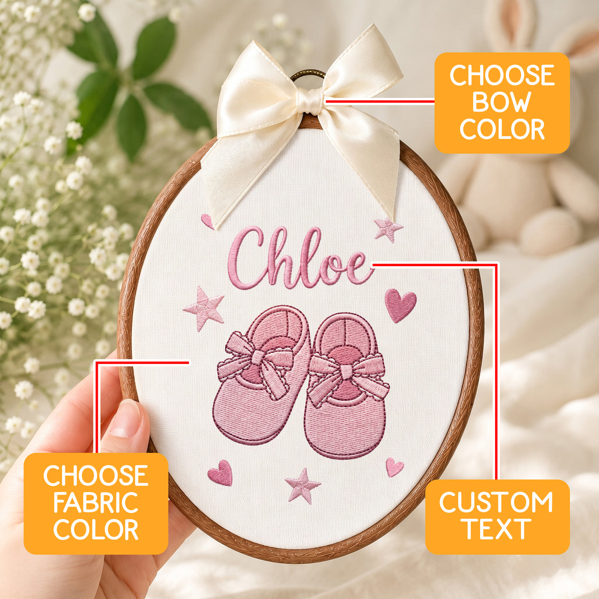 Personalized Baby Name Cute Shoes Embroidery Hoop Art Custom Nursery Decor Keepsake