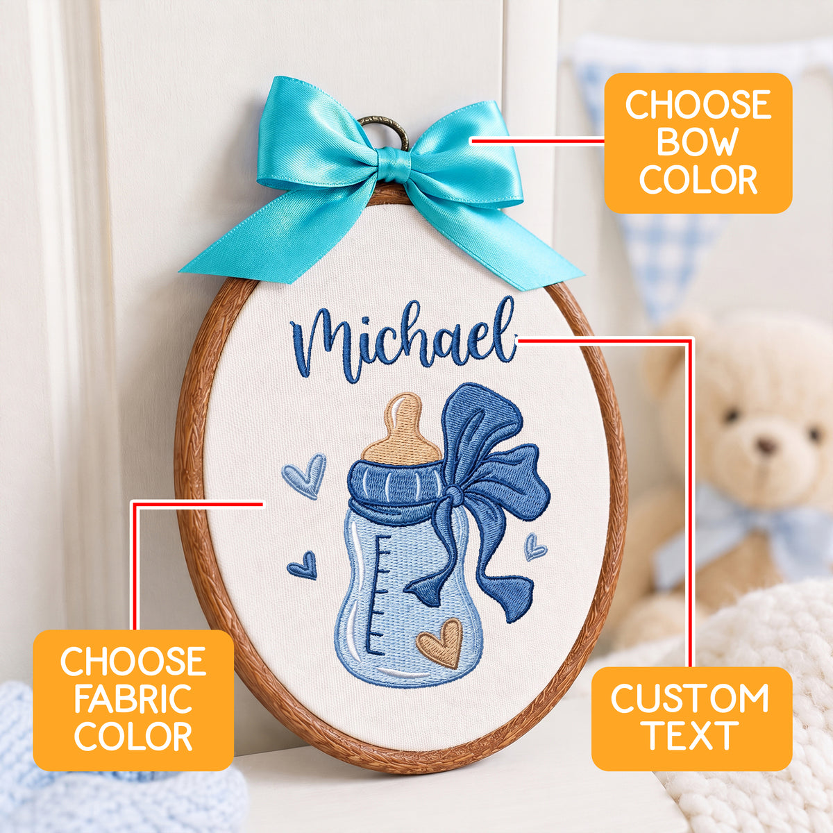 Personalized Baby Name Blue Feeding Bottle Embroidery Hoop Art Nursery Decor Keepsake