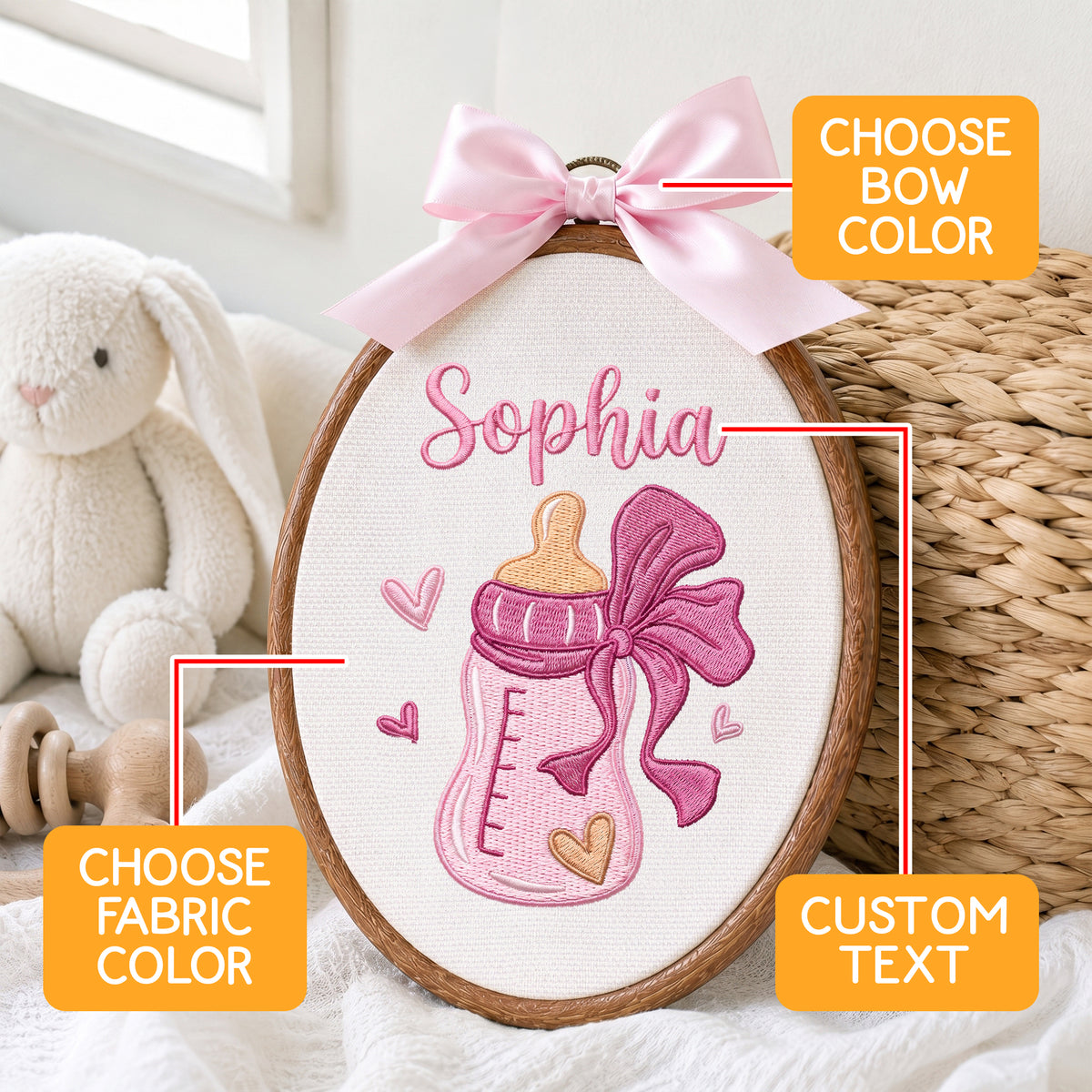 Personalized Baby Name Pink Feeding Bottle Embroidery Hoop Art Nursery Decor Keepsake