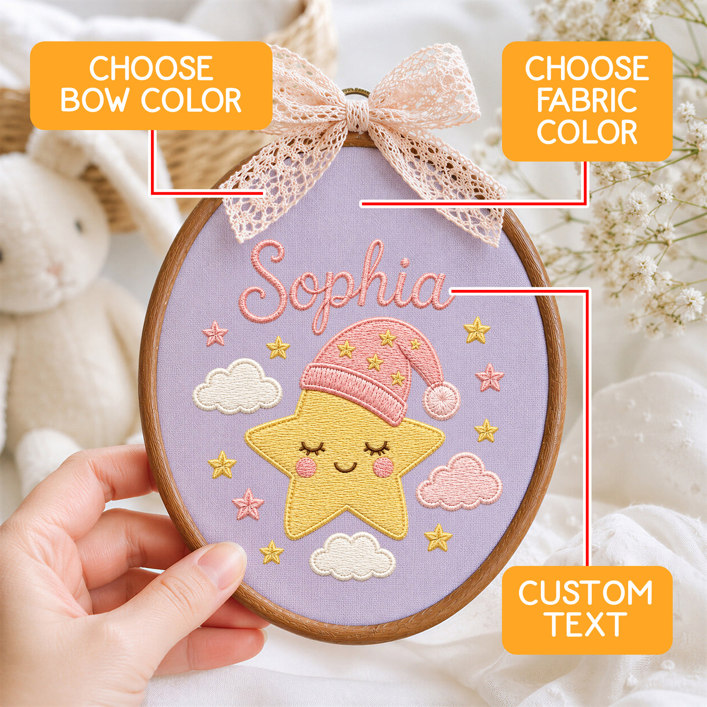 Personalized Baby Name Embroidered Hoop Wall Art - Sleeping Star Nursery Sign Gift