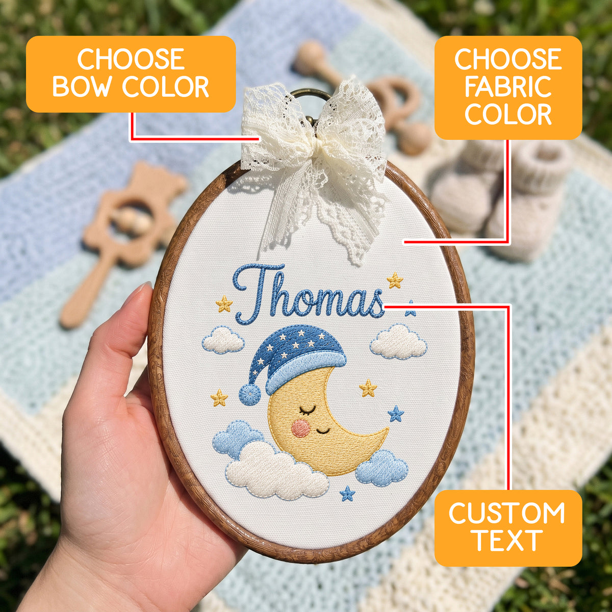 Handmade Baby Name Sleepy Moon Embroidery Hoop Art Custom Nursery Wall Decor Keepsake