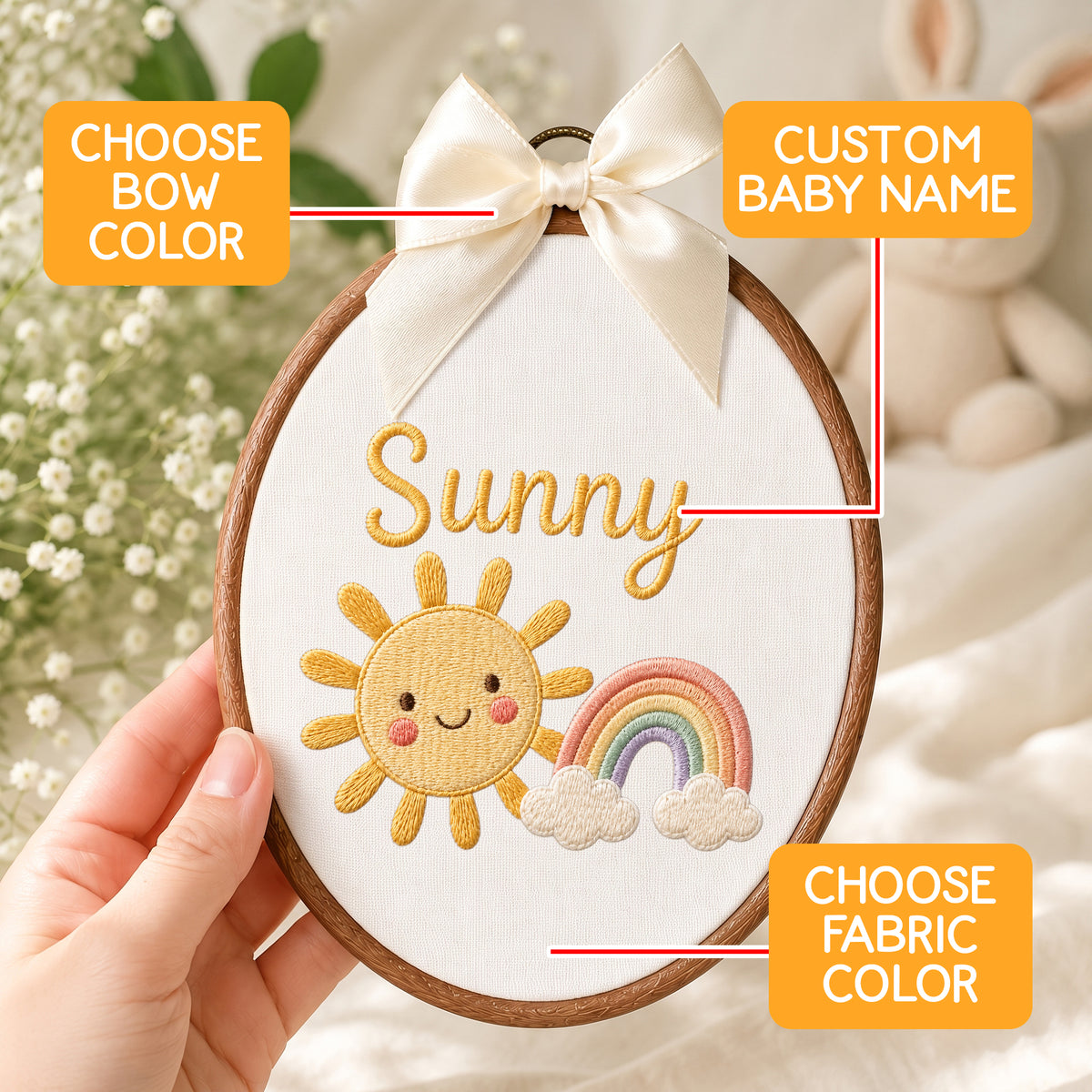 Personalized Baby Name Sunshine Rainbow Embroidery Hoop Art Custom Nursery Decor Keepsake