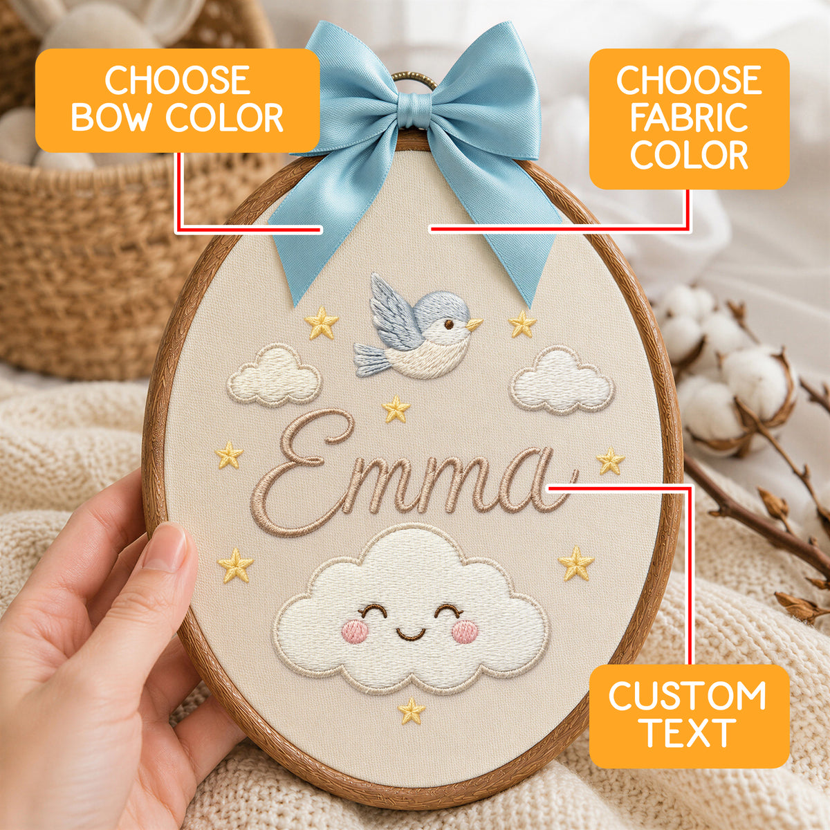 Custom Baby Name Little Bird Cloud Embroidery Hoop Art Custom Nursery Decor Keepsake
