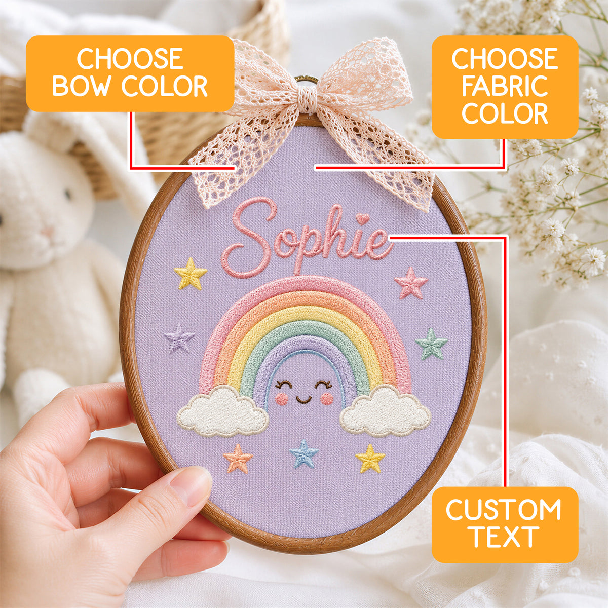 Personalized Baby Name Smiling Rainbow Embroidery Hoop Art Custom Nursery Decor Keepsake