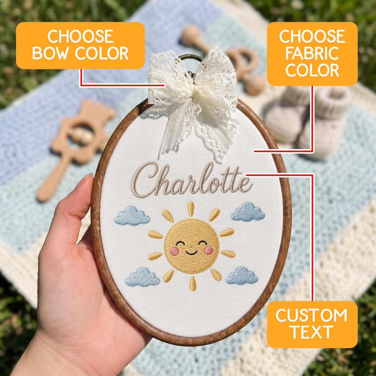 Handmade Baby Name Smiling Sun Embroidery Hoop Art Custom Nursery Wall Decor Keepsake