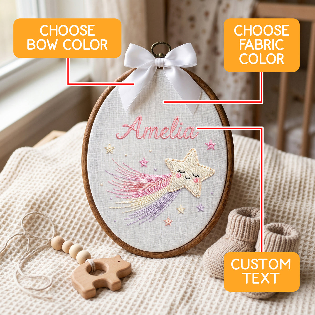 Personalized Baby Name Shooting Star Embroidery Hoop Art Custom Nursery Decor Keepsake