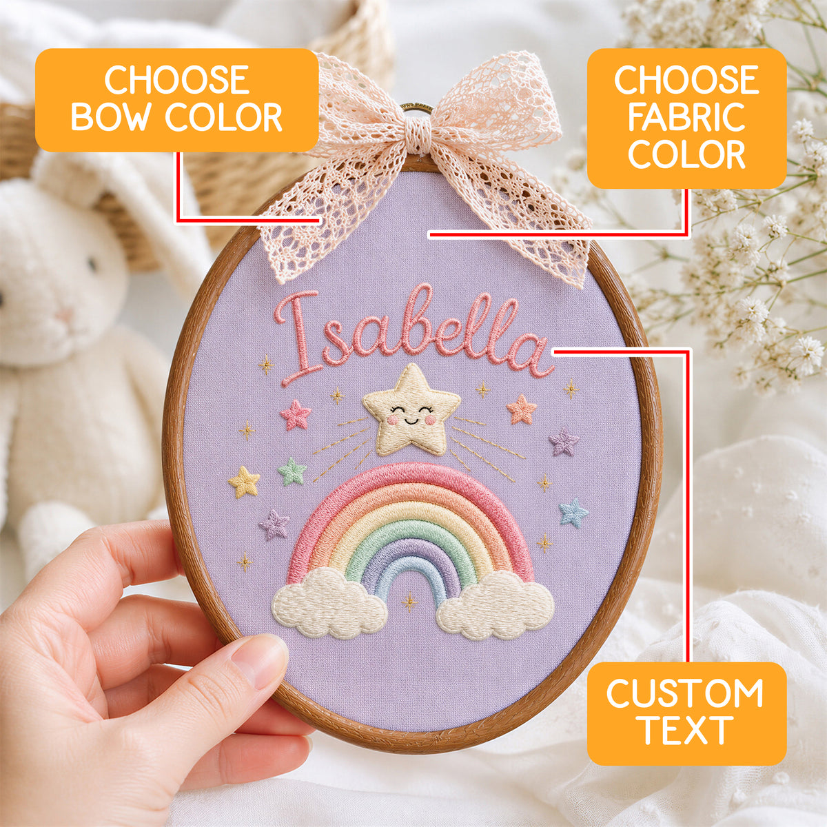 Custom Baby Name Rainbow Star Embroidery Hoop Art Custom Nursery Wall Decor Keepsake