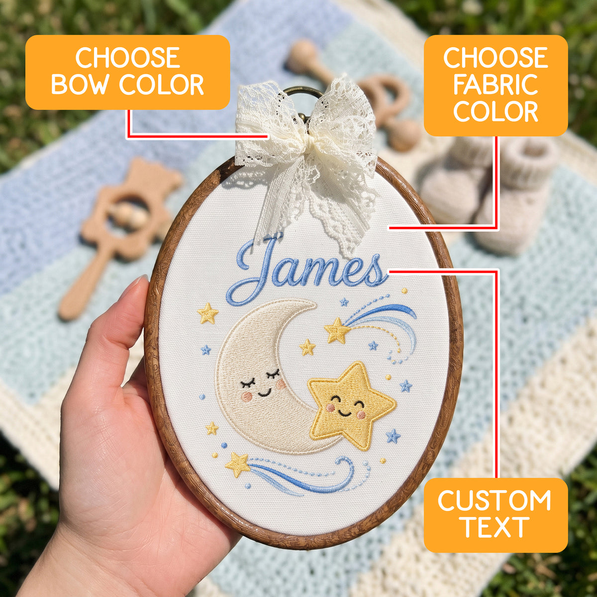Personalized Baby Name Moon Star Embroidery Hoop Art Custom Nursery Decor Keepsake