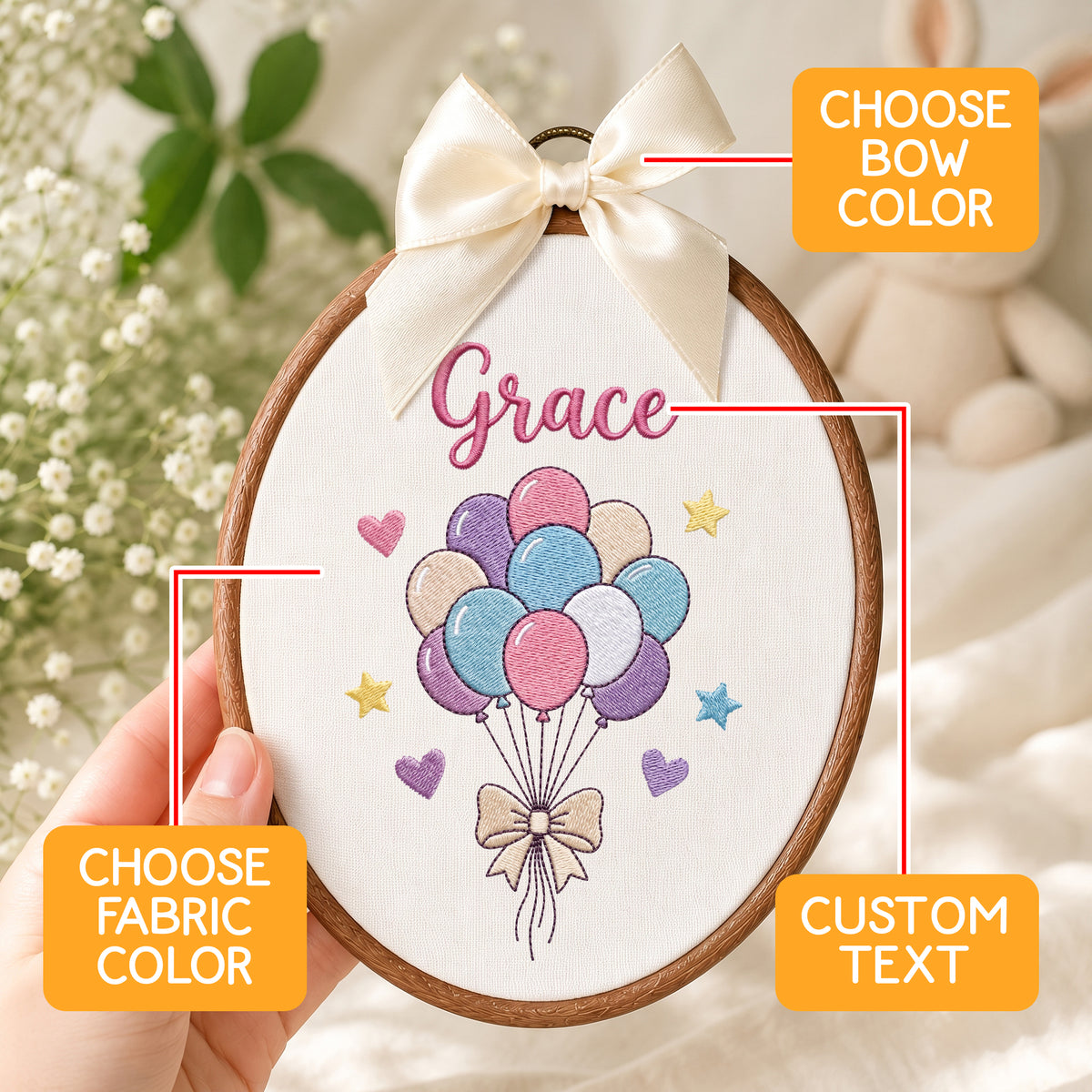 Personalized Baby Name Balloon Embroidery Hoop Art Custom Nursery Wall Decor Keepsake