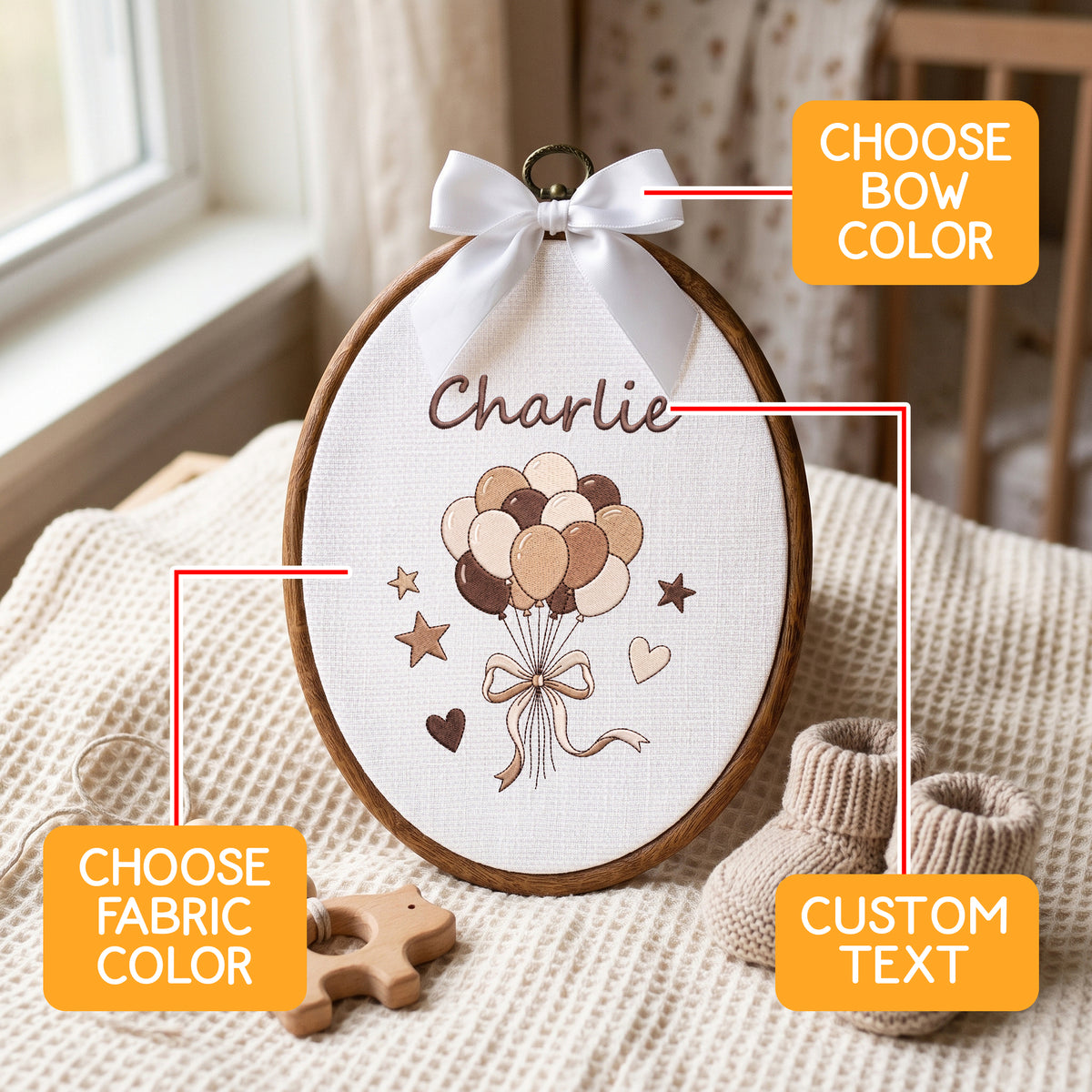 Personalized Baby Name Neutral Balloon Embroidery Hoop Art Custom Nursery Decor Keepsake