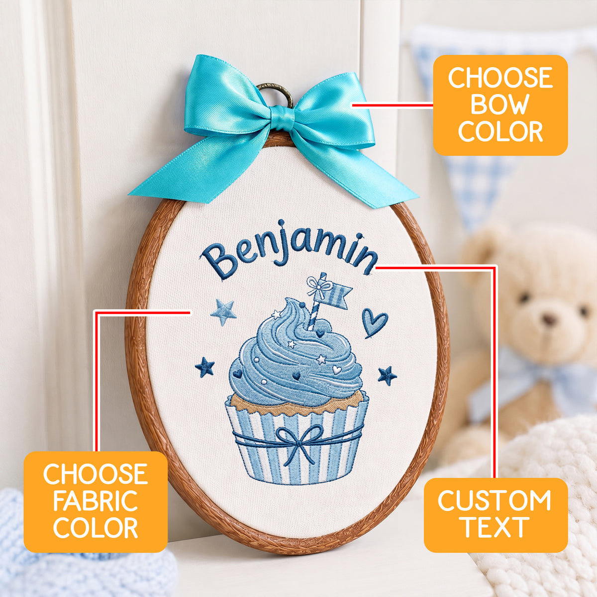 Custom Baby Name Cupcake Embroidery Hoop Art Nursery Wall Decor Personalized Keepsake