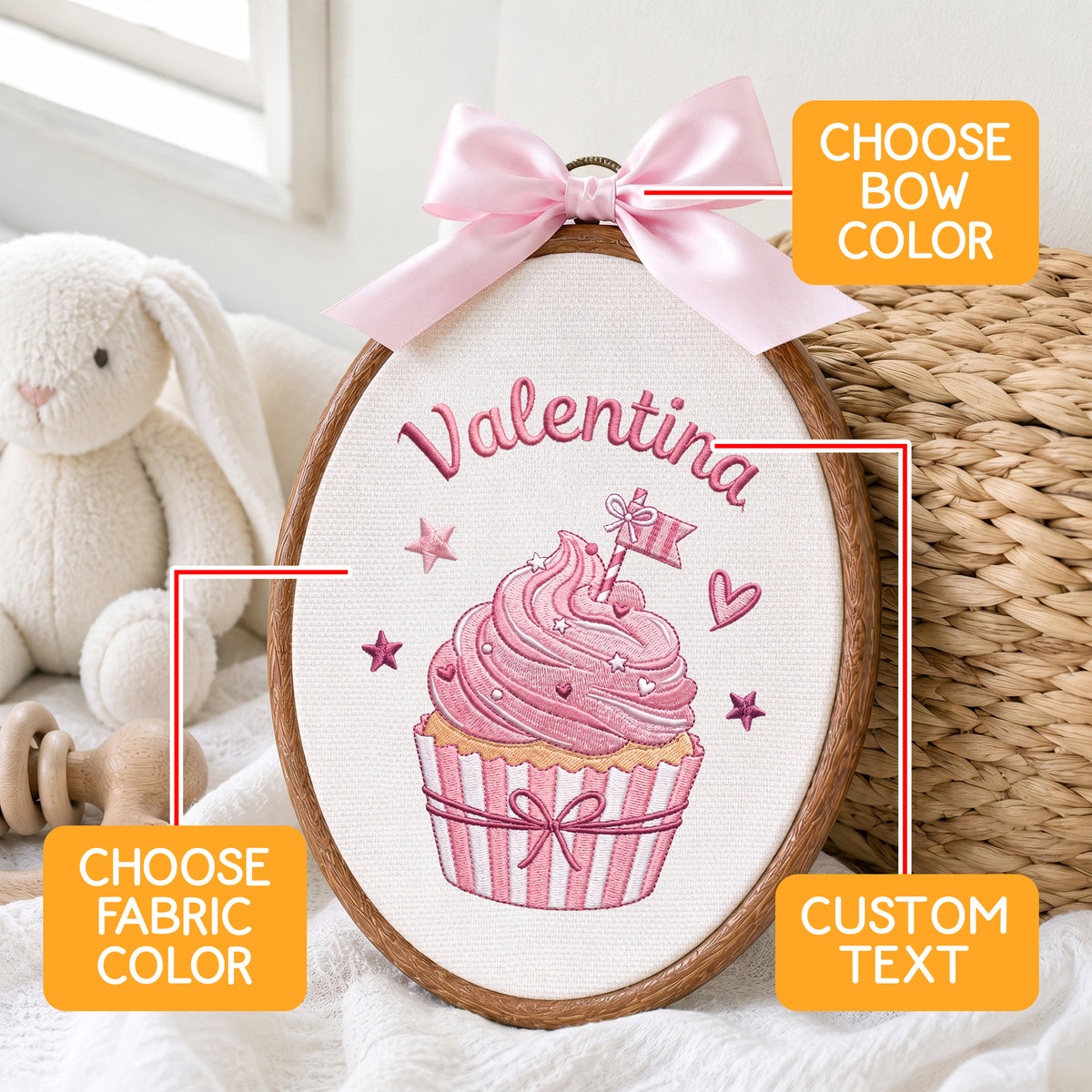 Handmade Baby Name Cupcake Embroidery Hoop Art Custom Nursery Wall Decor Keepsake