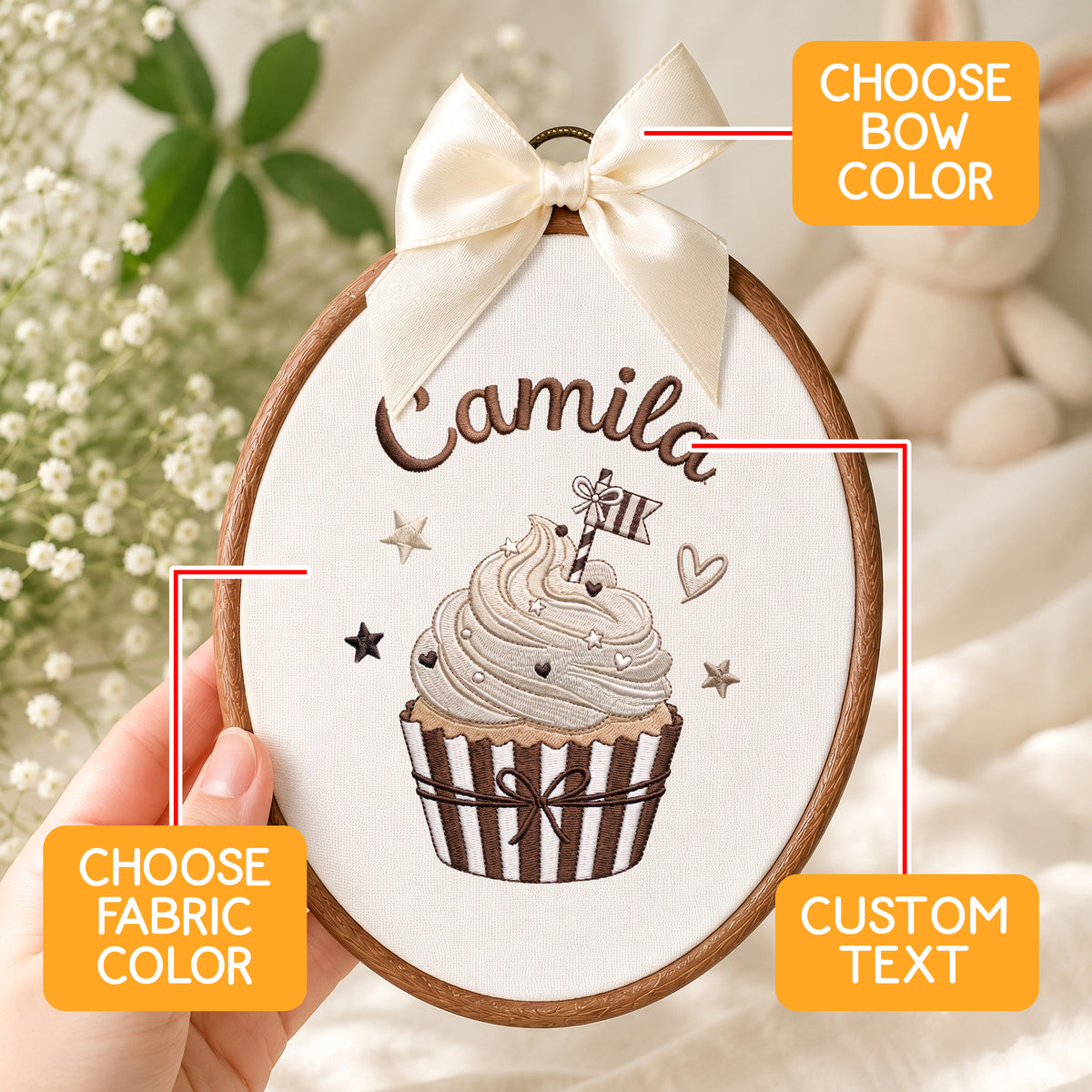 Personalized Baby Name Neutral Cupcake Embroidery Hoop Art Custom Nursery Decor Keepsake