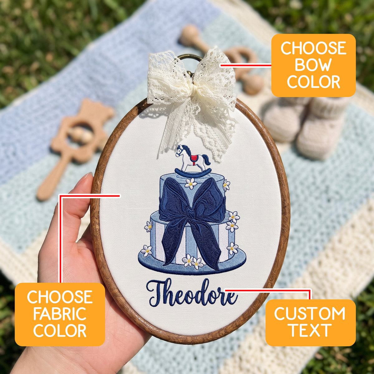 Handmade Baby Name Rocking Horse Cake Embroidery Hoop Art Custom Nursery Decor Keepsake