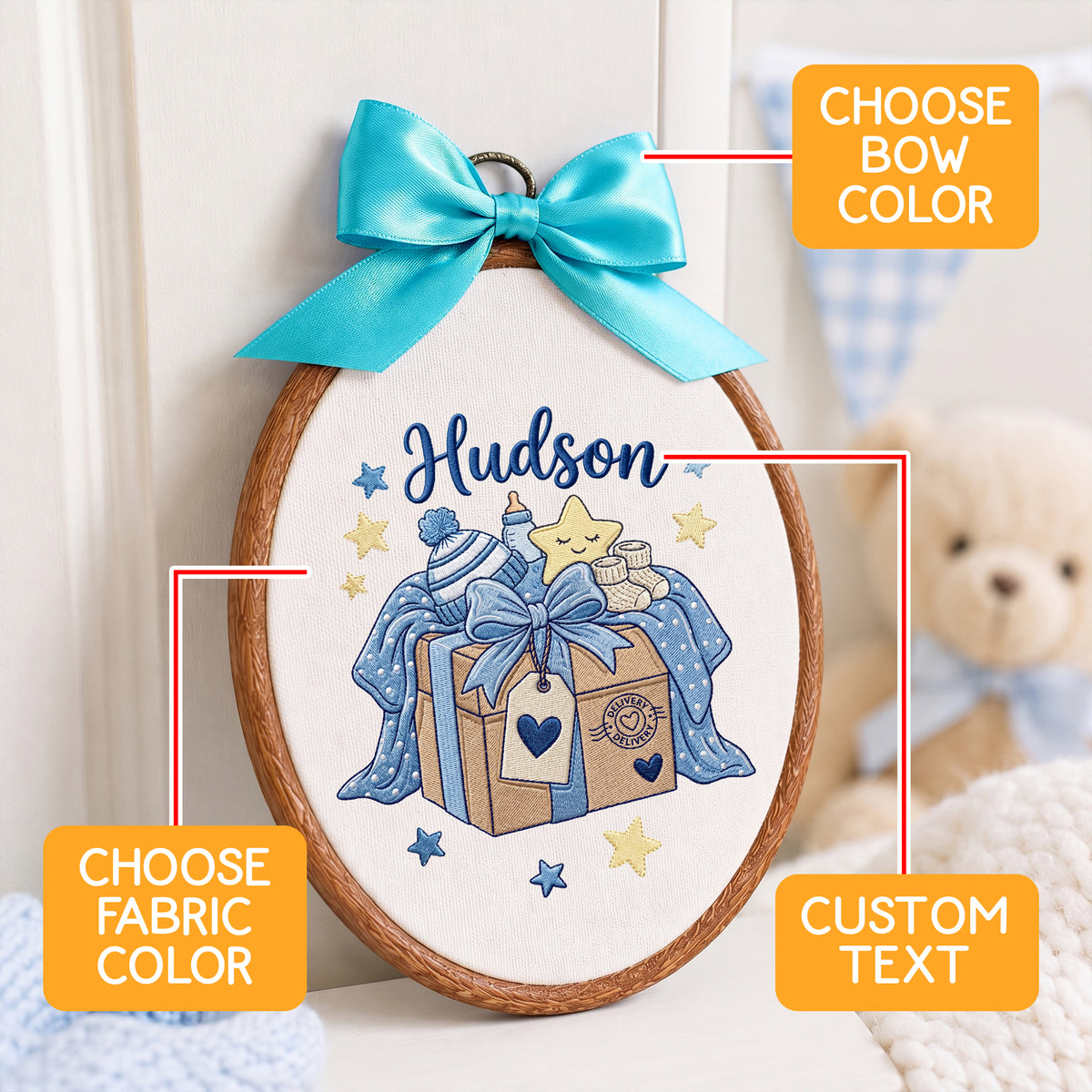 Personalized Baby Name Present Box Embroidery Hoop Art Custom Nursery Decor Keepsake