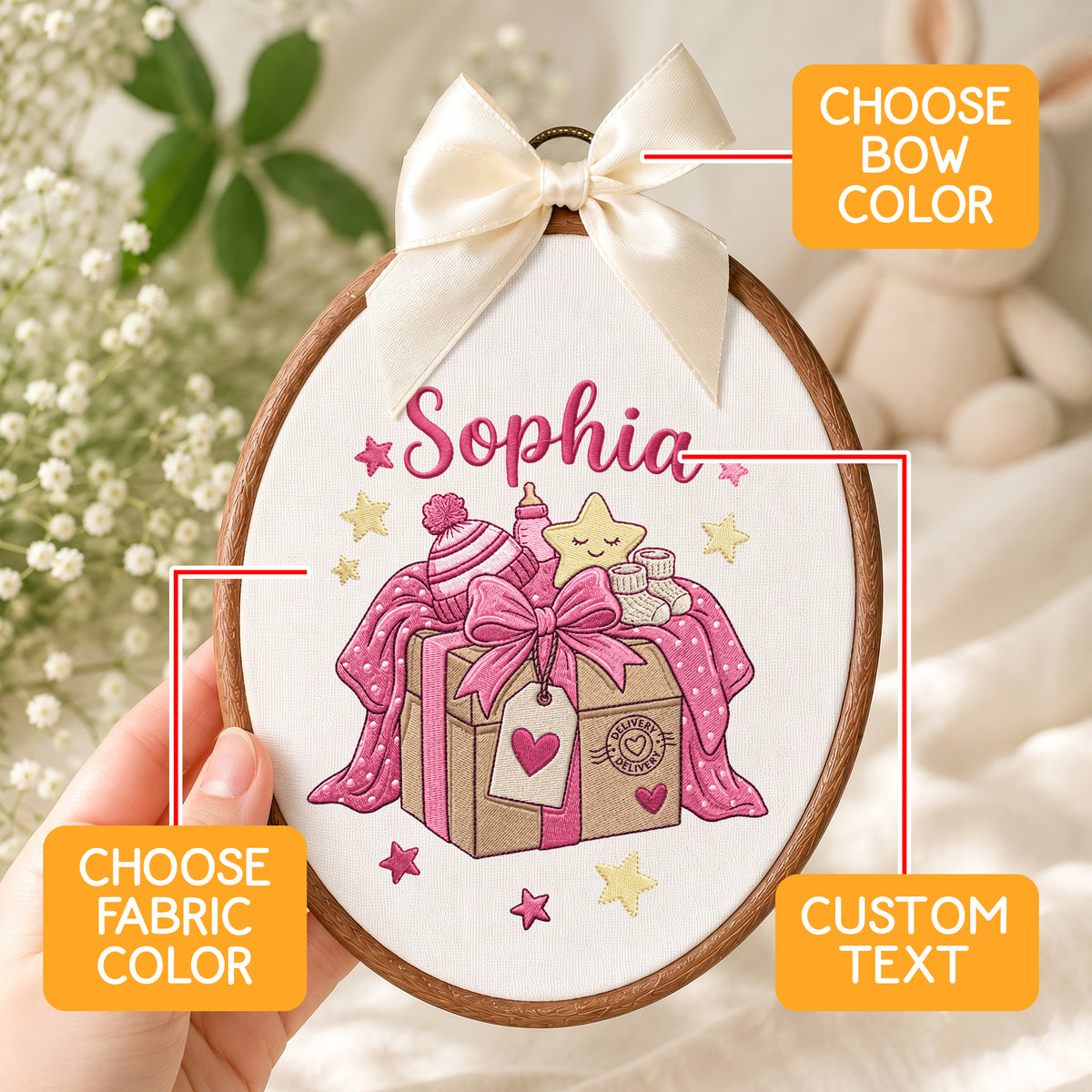 Handmade Baby Name Present Box Embroidery Hoop Art Custom Nursery Wall Decor Keepsake