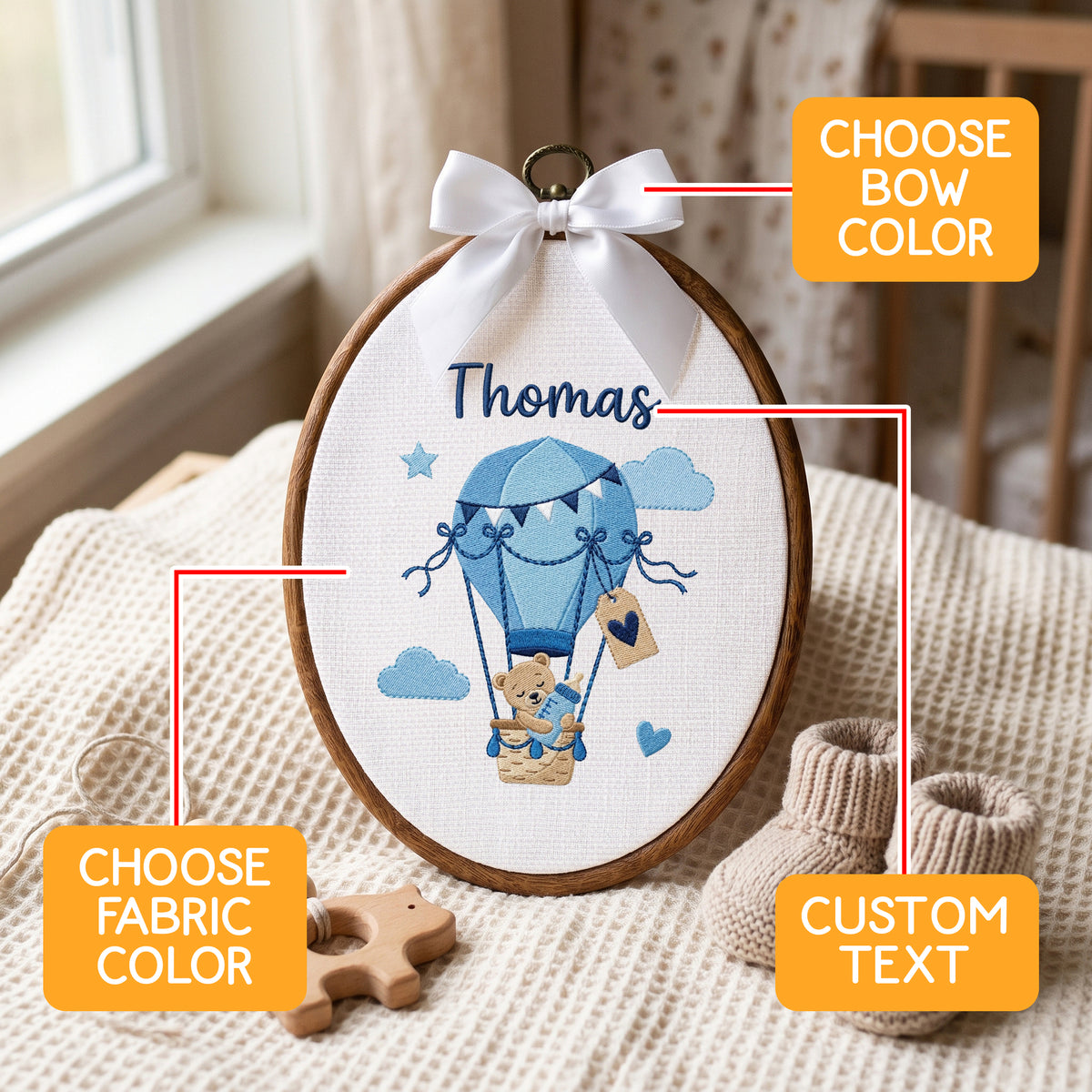 Personalized Baby Name Bear Balloon Embroidery Hoop Art Custom Nursery Decor Keepsake