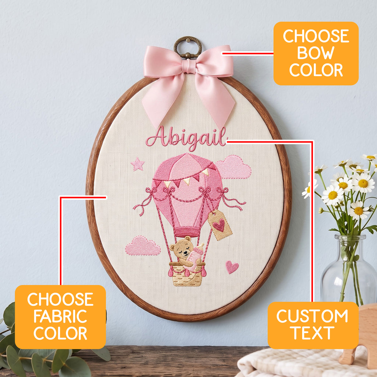 Custom Baby Name Bear Balloon Embroidery Hoop Art Nursery Wall Decor Personalized Keepsake