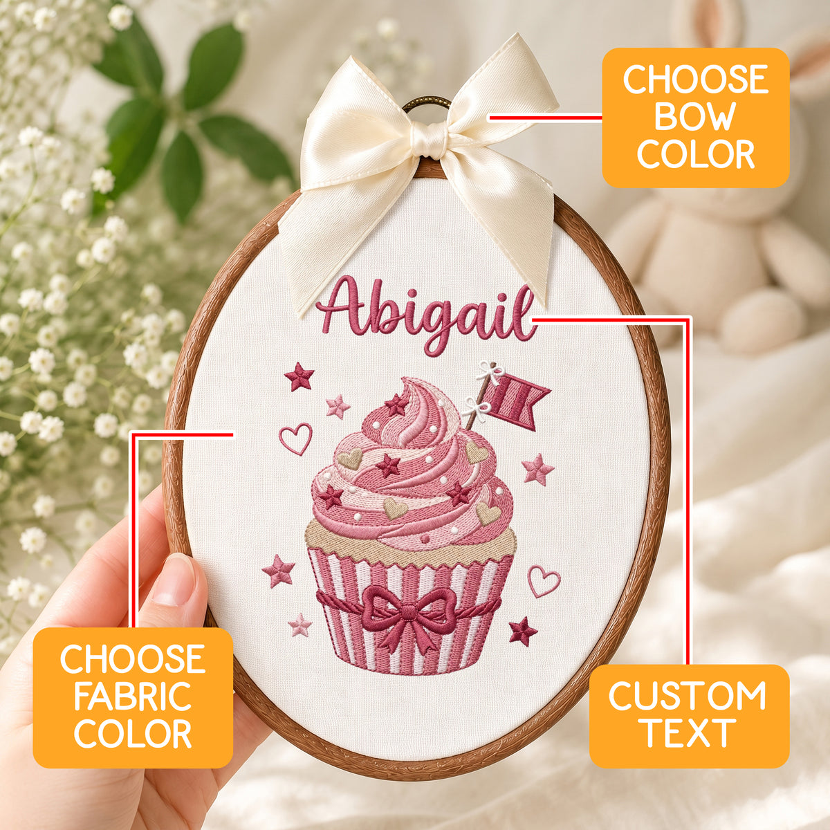 Personalized Baby Name Sweet Cupcake Embroidery Hoop Art Custom Nursery Decor Keepsake