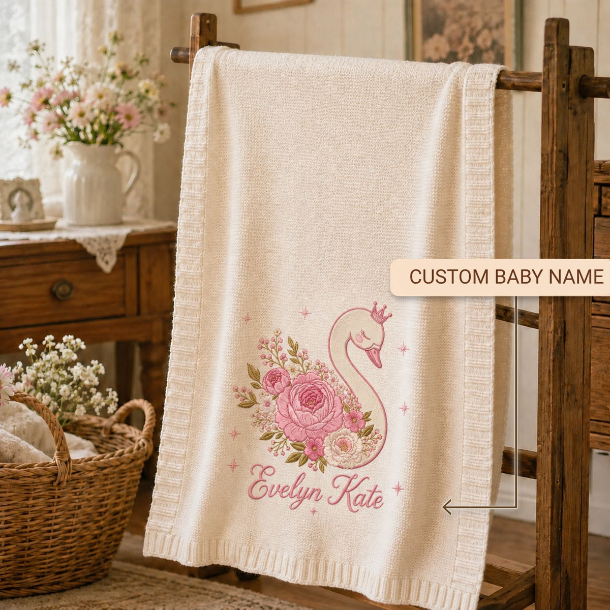 Custom Name Baby Knitted Blanket Swan Floral Crown Warm Infant Swaddle Sheet Throw Cover
