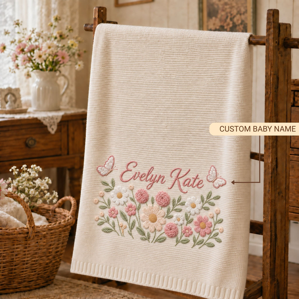 Custom Name Baby Knitted Blanket Garden Flowers Butterflies Warm Infant Swaddle Sheet