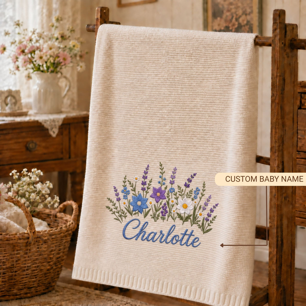 Custom Name Baby Knitted Blanket Lavender Wildflowers Warm Infant Swaddle Sheet Throw
