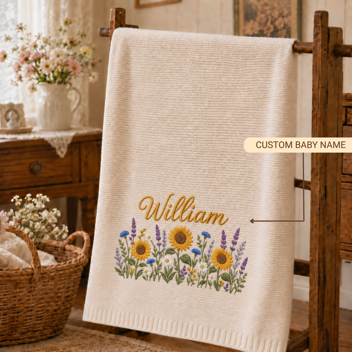 Custom Name Baby Knitted Blanket Sunflowers Lavender Warm Infant Swaddle Sheet Throw