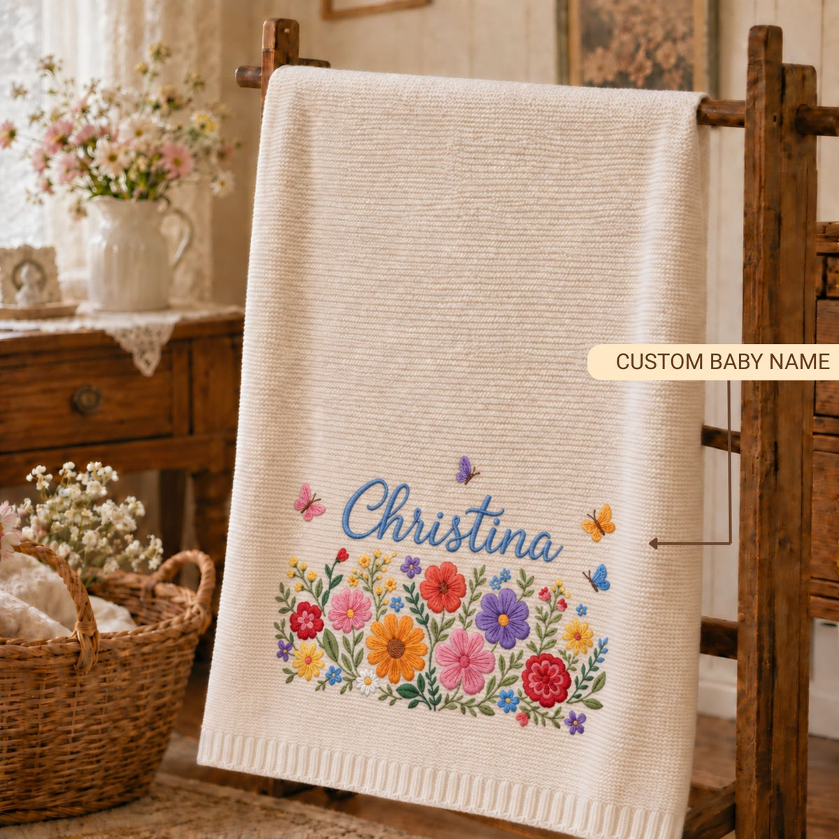 Custom Name Baby Knitted Blanket Wildflowers Butterflies Warm Infant Swaddle Sheet Throw