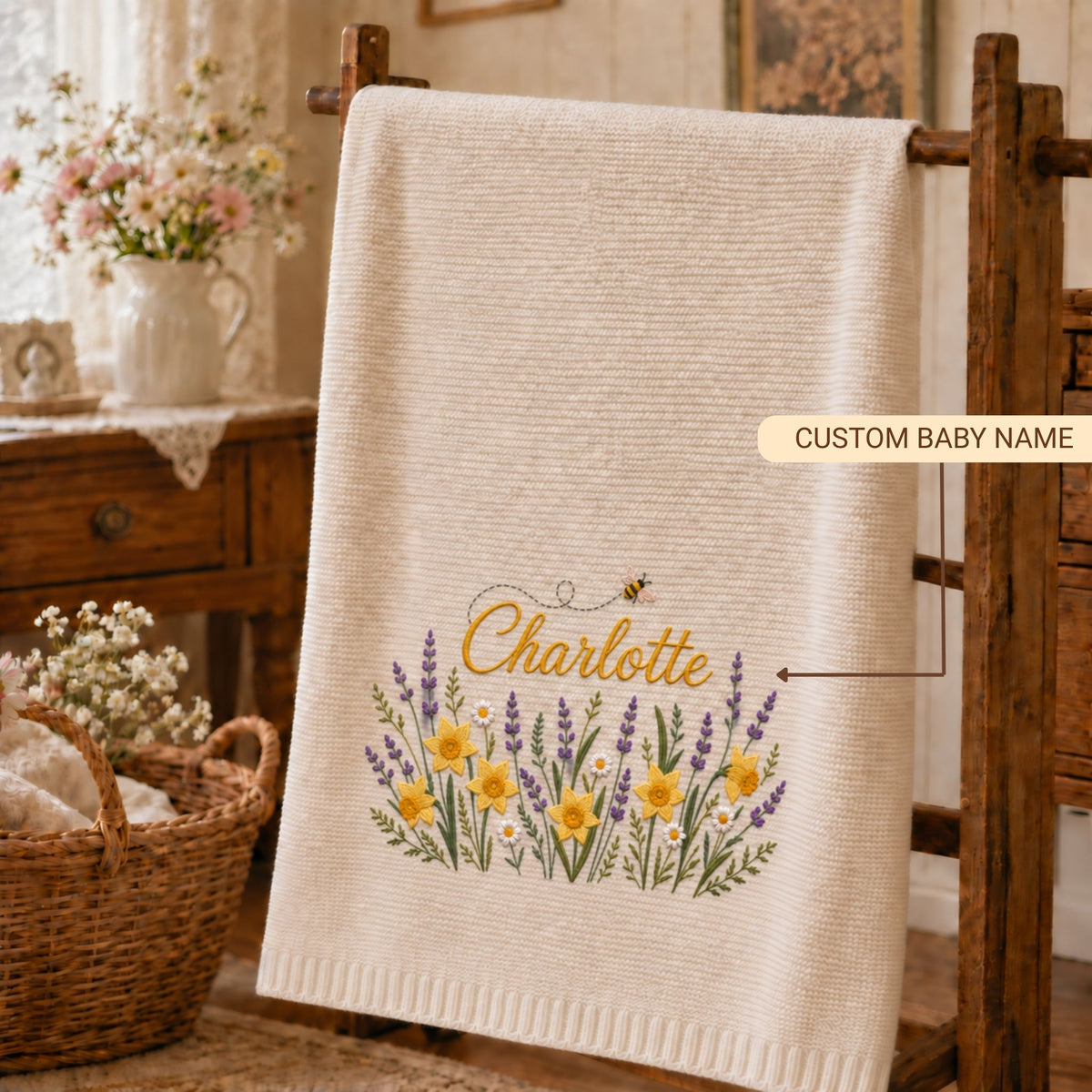 Custom Name Baby Knitted Blanket Daffodils Lavender Bee Warm Infant Swaddle Sheet Throw