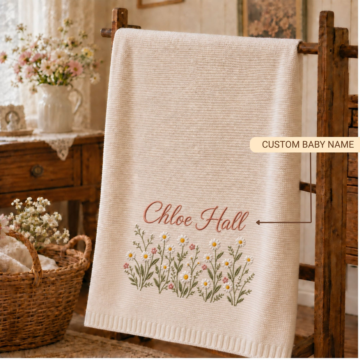 Custom Name Baby Knitted Blanket Daisy Flowers Garden Warm Infant Swaddle Sheet Throw