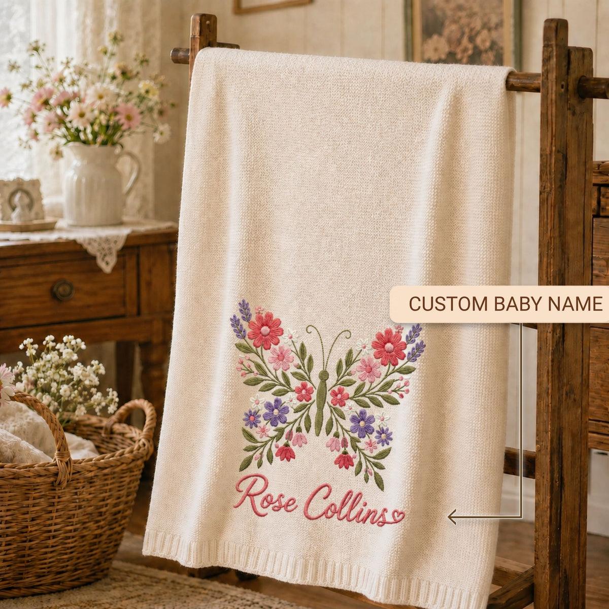 Custom Name Baby Knitted Blanket Floral Butterfly Warm Infant Swaddle Sheet Throw Cover