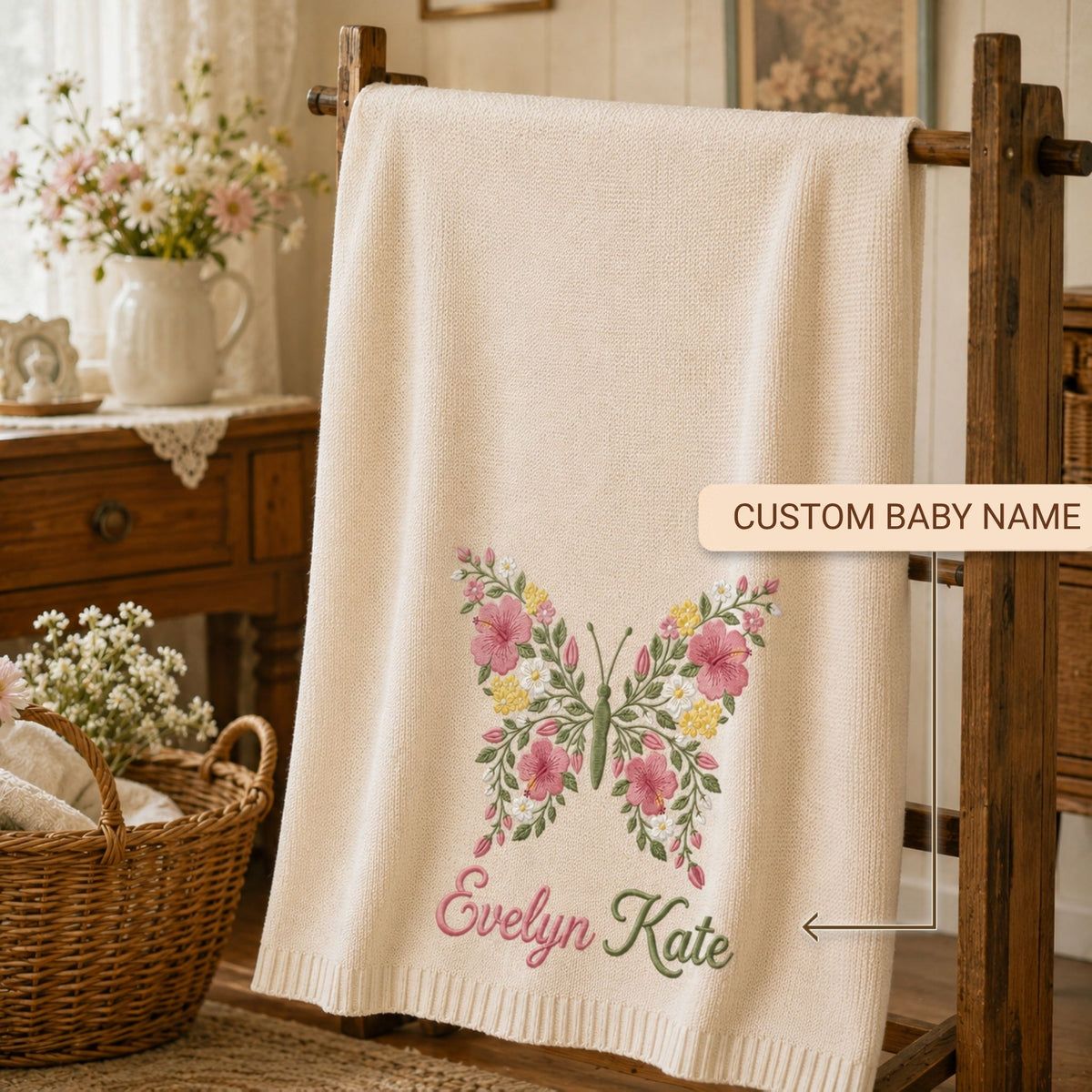Custom Name Baby Knitted Blanket Butterfly Flowers Warm Infant Swaddle Sheet Throw Cover