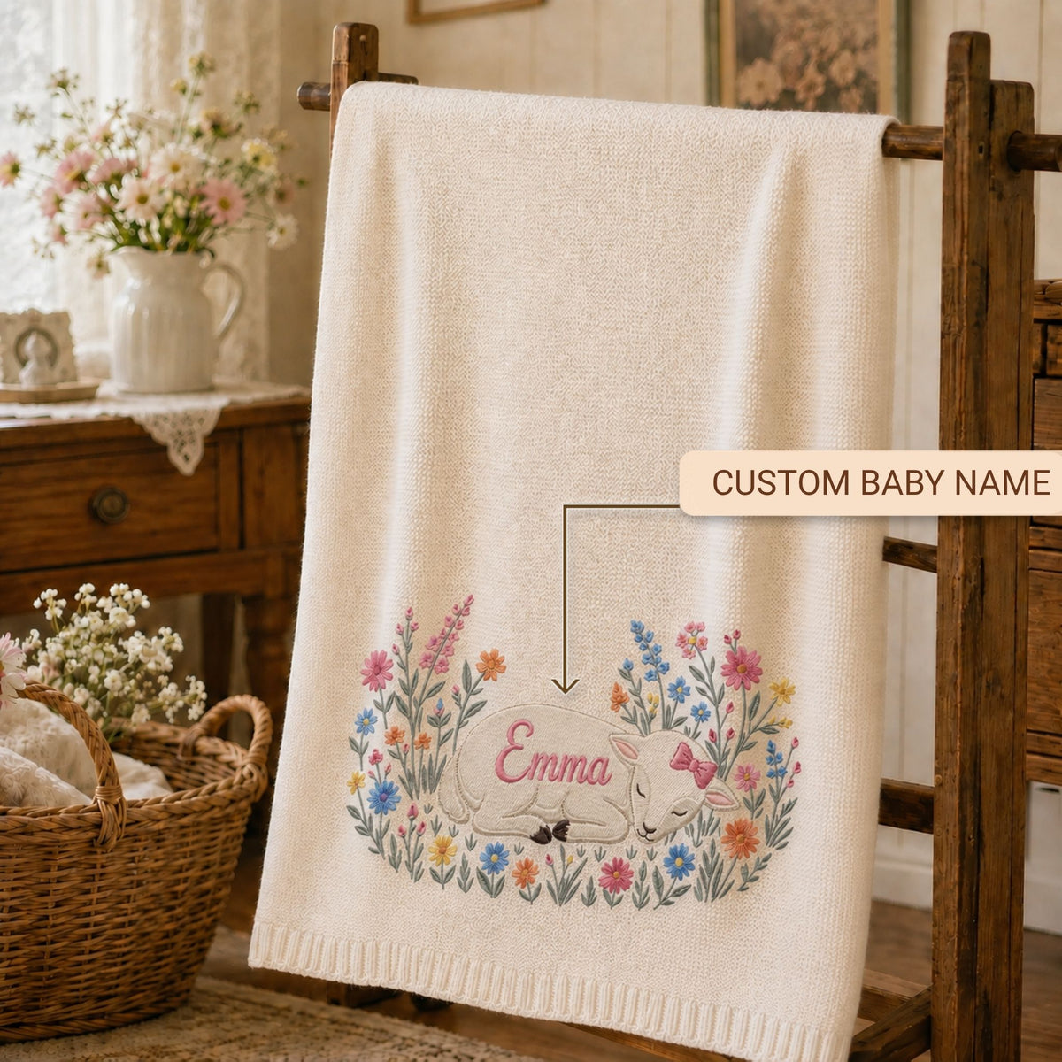 Custom Name Baby Knitted Blanket Sleeping Lamb Wildflowers Warm Infant Swaddle Sheet Throw