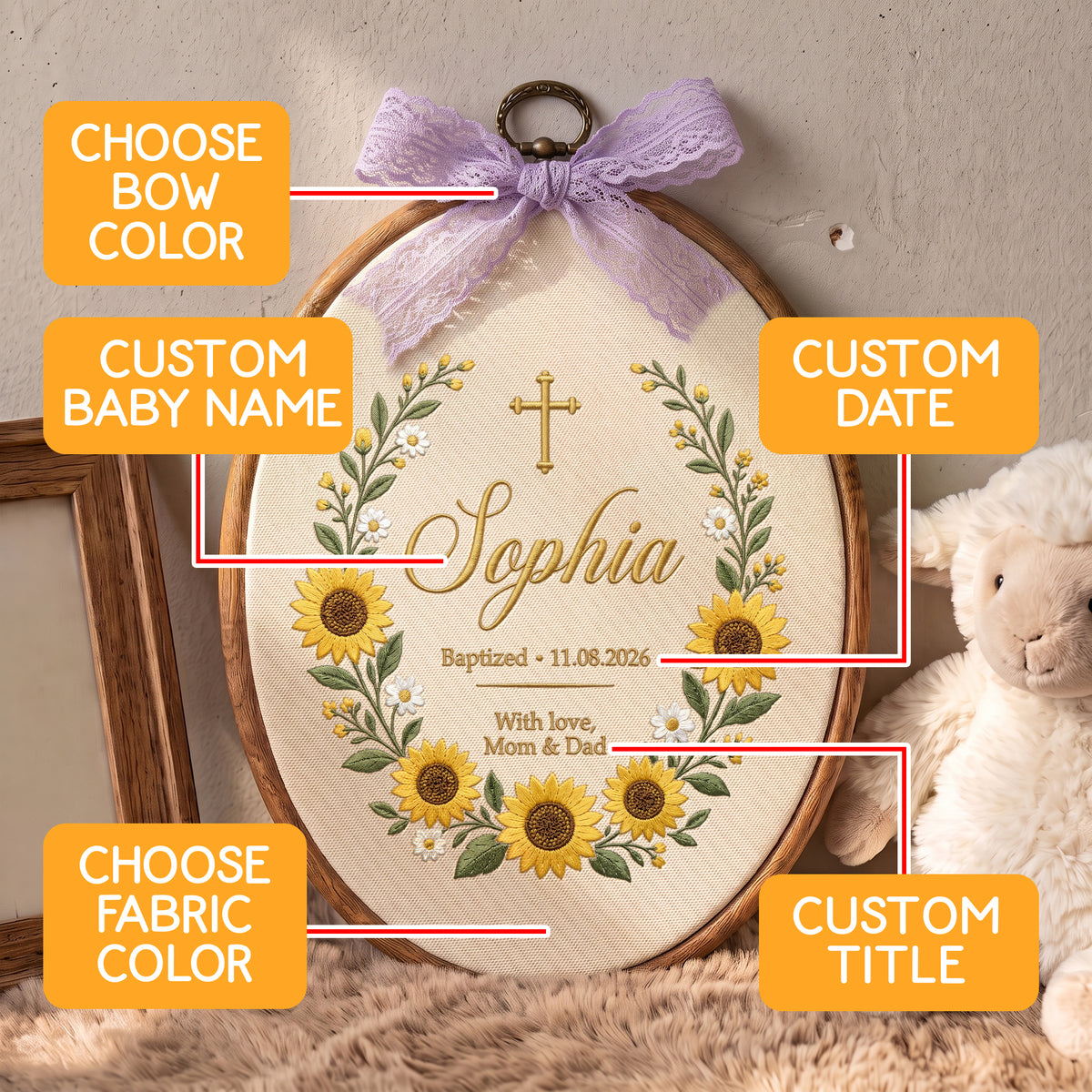 Personalized Baby Name Sunflower Baptism Embroidery Hoop Art Custom Christening Keepsake