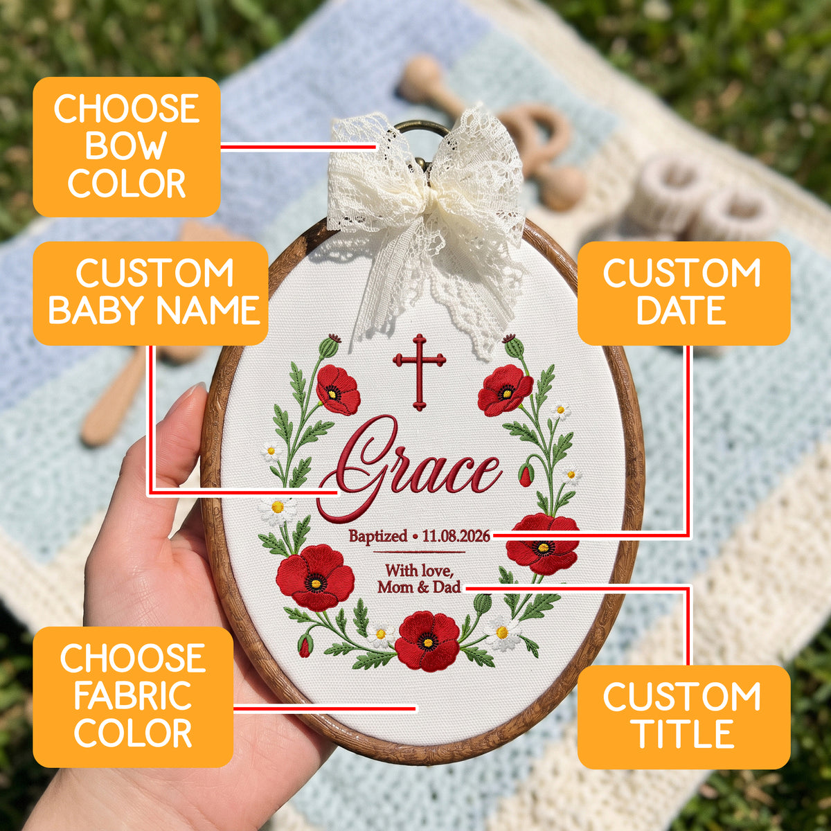 Personalized Baby Name Poppy Baptism Embroidery Hoop Art Custom Christening Keepsake