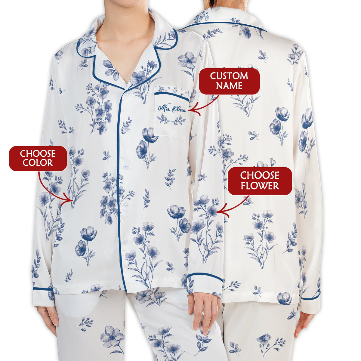 Custom Bridesmaid Pajamas Set Personalized Name Floral PJs Bridal Party Sleepwear