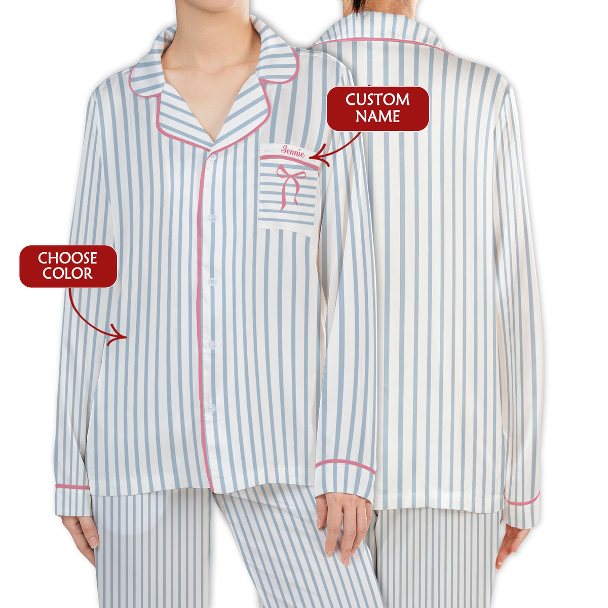 Custom Bridesmaid Pajamas Custom Name Striped Bow PJ Set Bridal Party Ready Outfit