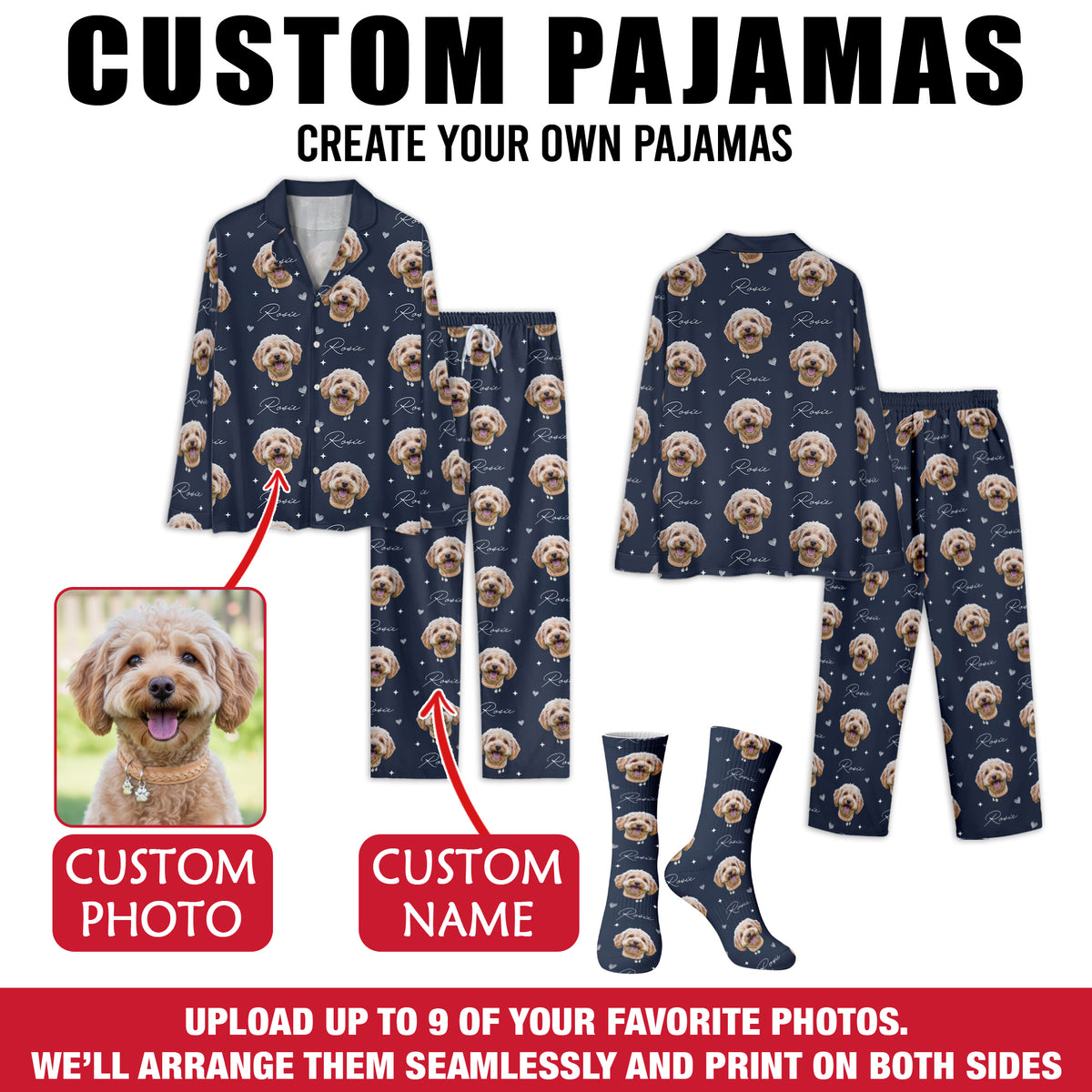 Custom Pet Face Pajamas Set Personalised Photo Name Sleepwear Gift for Cat Dog Mom