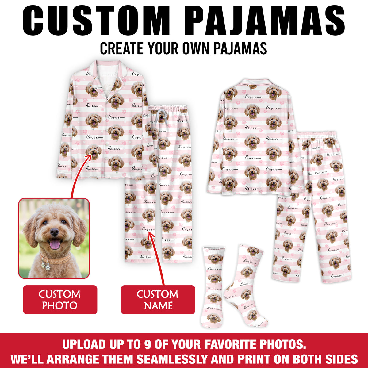Custom Dog Face Pajamas Set Personalised Photo Name Striped Sleepwear Dog Lover Gift