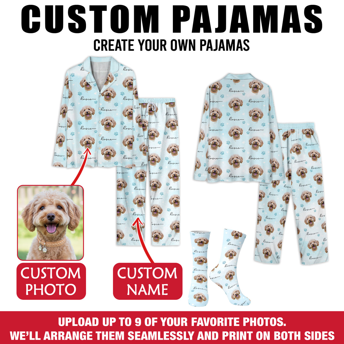 Custom Dog Face Pajamas Set Personalised Photo Name Paw Sleepwear Dog Mom Dad Gift